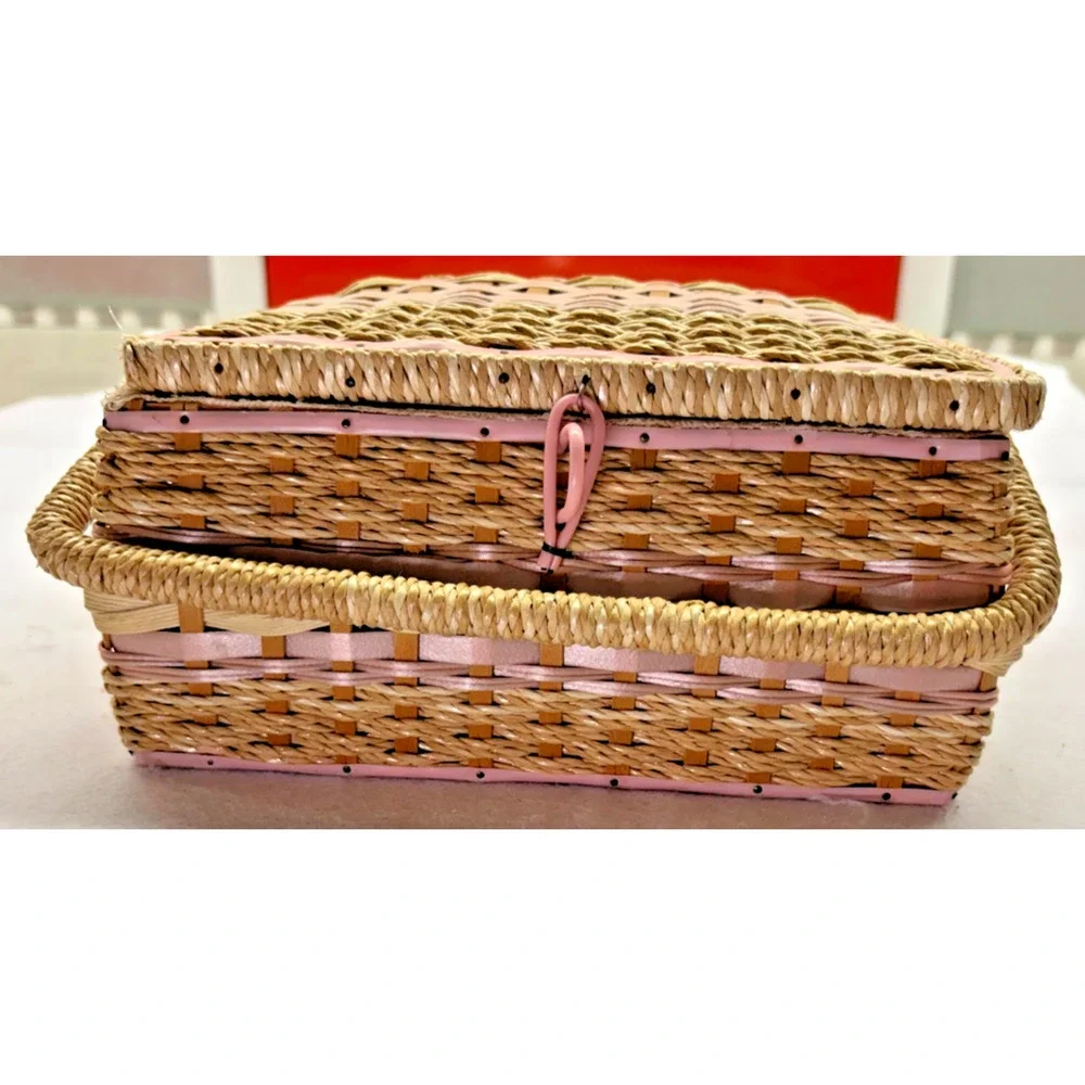 Woven Vanity Jewelry Box Pink Trim Satin Lined Hinged Basket Vintage Storage